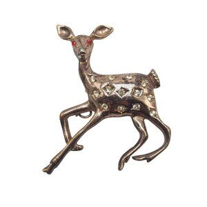 Vintage Copper Fawn Deer Brooch With Rhinestones Red Eyes LOOK AT ALL PICS